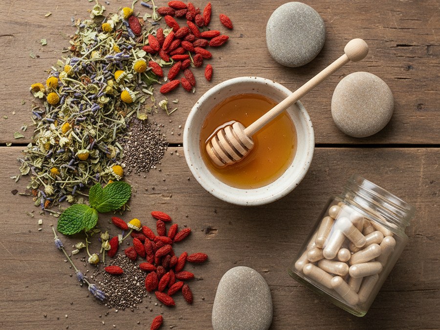Una composizione di erbe officinali essiccate, radici e flaconi di vetro con integratori naturali, disposti armoniosamente su un tavolo di legno, simbolo di benessere e cura di sé.